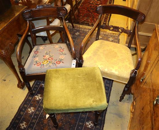 Two Regency mahogany open armchairs and a Victorian mahogany stool